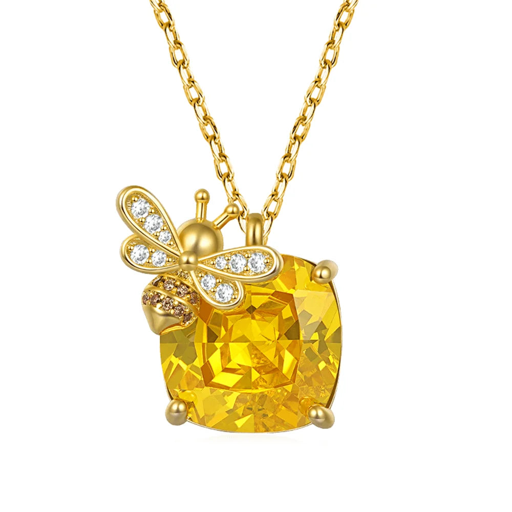 Luxury Design Sparkling Square Citrine Bee Pendant Necklace for Women Elegant Lady Party Jewelry Romantic Valentine's Day Gifts