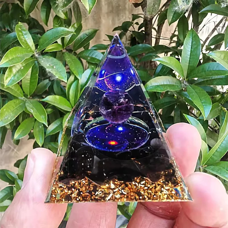 Handmade Orgonite Pyramid with Amethyst Crystal Sphere and Black Obsidian – Natural Stone Energy Healing