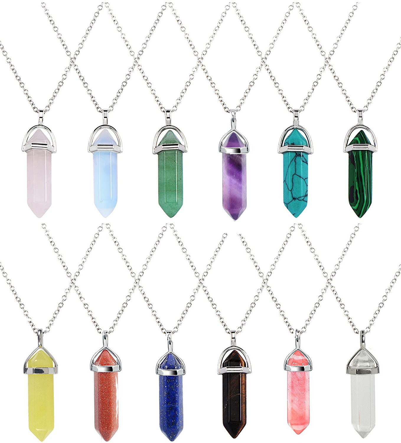 15pcs Stainless steel Natural Quartz Obsidian Crystal Hexagonal Chakra Healing Point Pendulum Stone Pendant Necklace For Gift