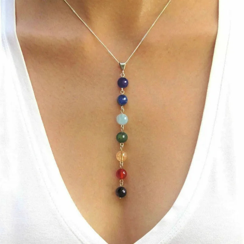 7 Chakra Gem Stone Beads Pendant Necklace Women Yoga Reiki Healing Balancing Maxi Chakra Natural Stone Necklace