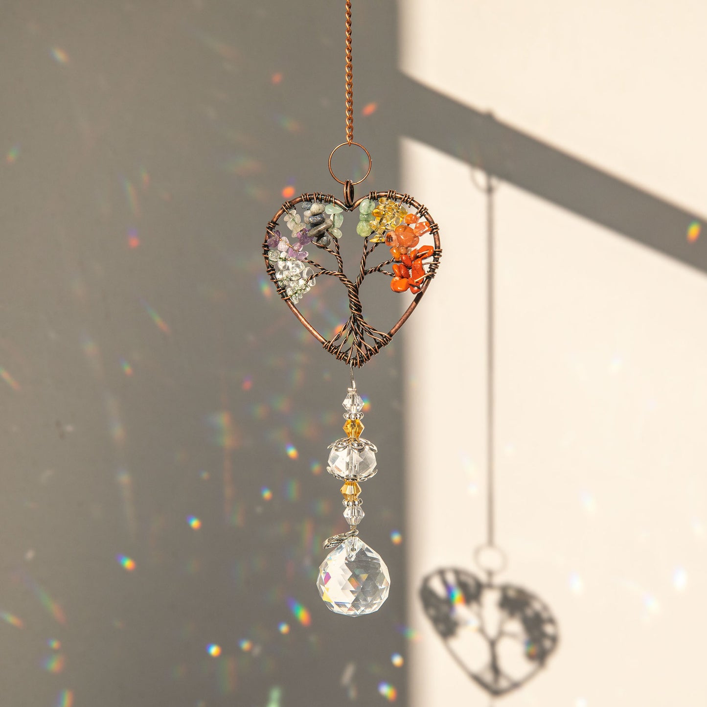 Crystals Wind Chime Suncatcher Golden Trees Pendant Rainbow Prism Stained Glass Ornament Chakras Crafts Home Garden Decor