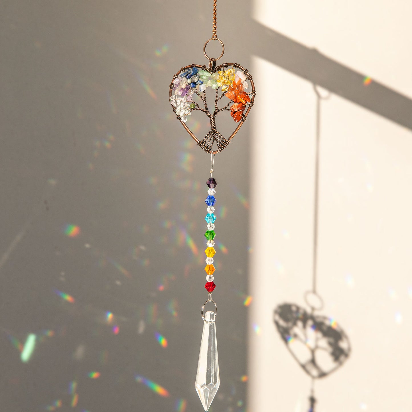 Crystals Wind Chime Suncatcher Golden Trees Pendant Rainbow Prism Stained Glass Ornament Chakras Crafts Home Garden Decor