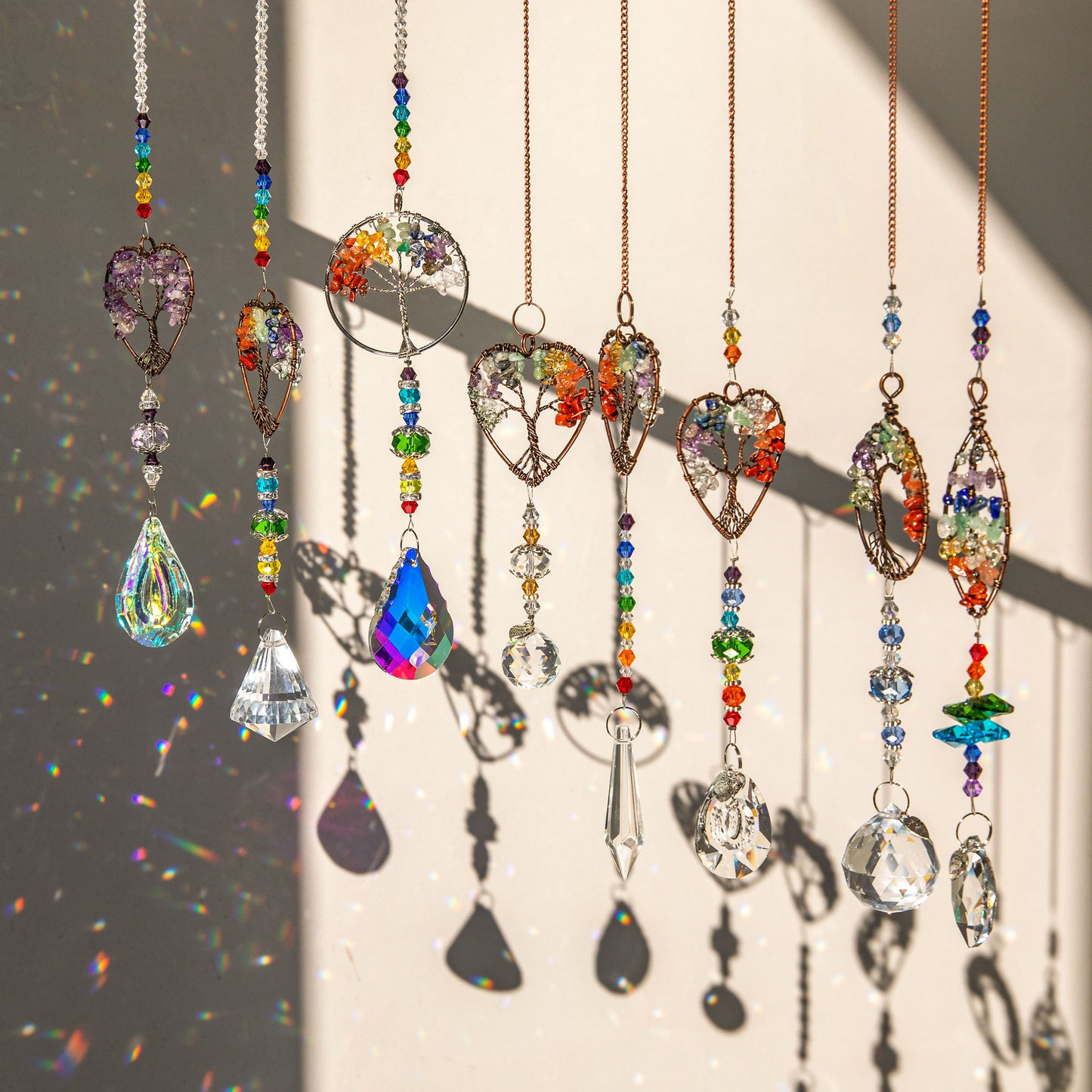 Crystals Wind Chime Suncatcher Golden Trees Pendant Rainbow Prism Stained Glass Ornament Chakras Crafts Home Garden Decor