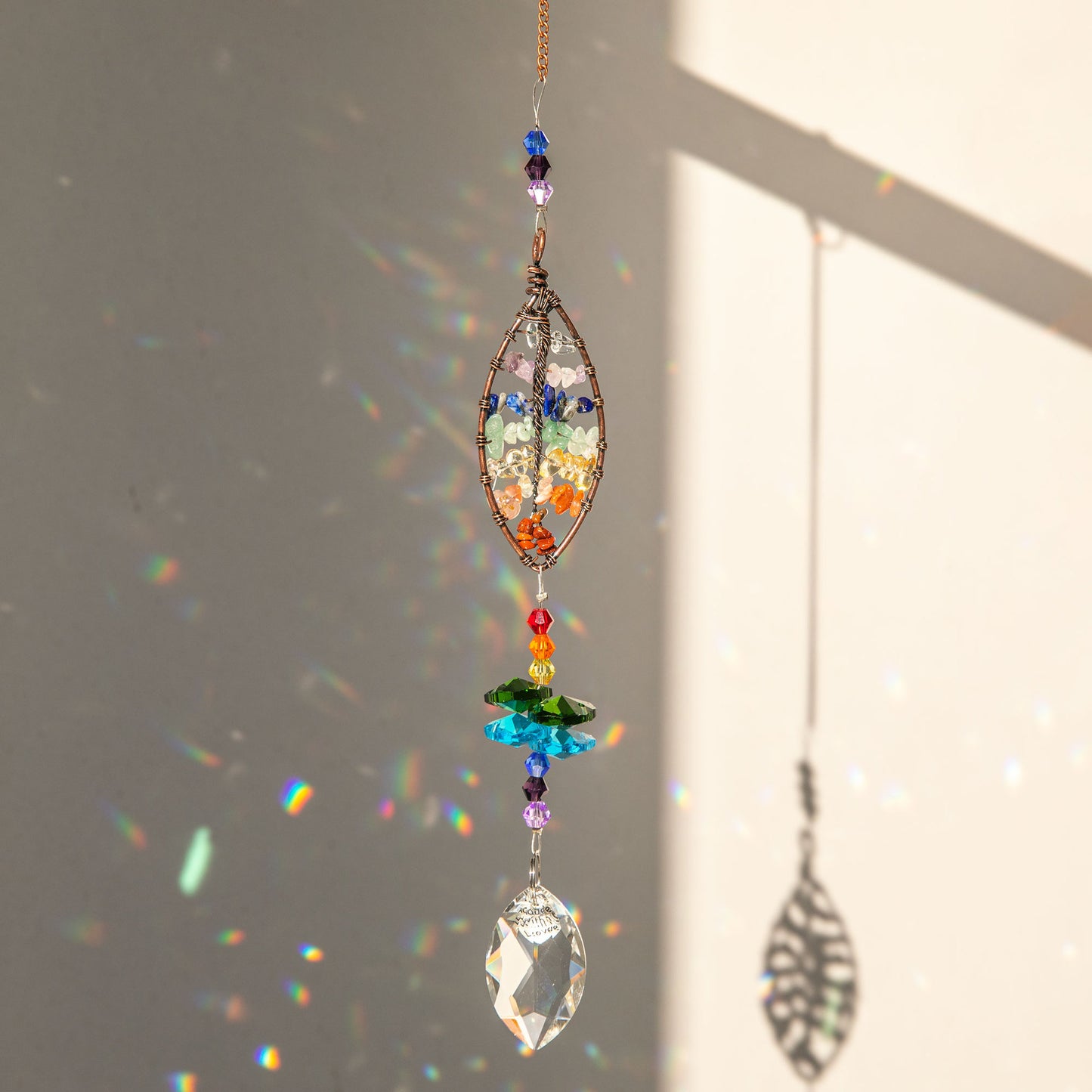 Crystals Wind Chime Suncatcher Golden Trees Pendant Rainbow Prism Stained Glass Ornament Chakras Crafts Home Garden Decor