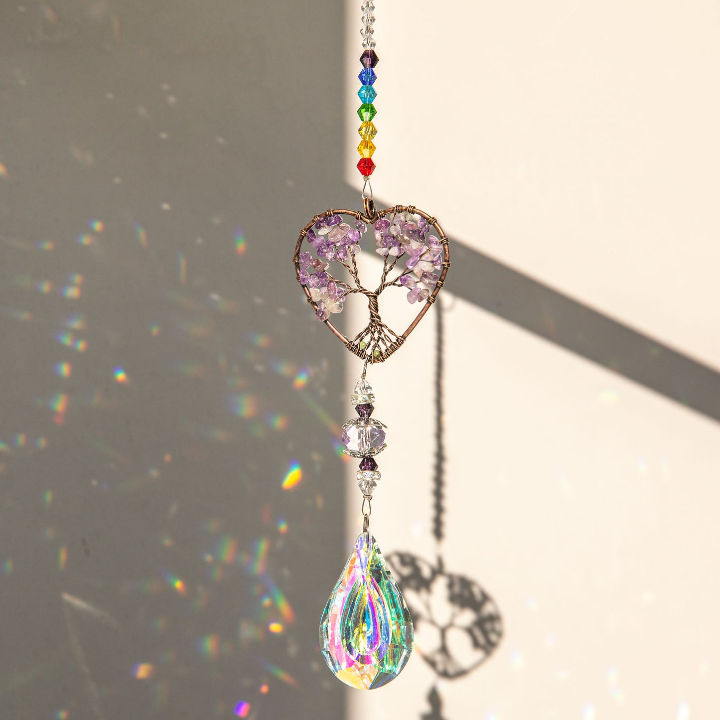 Crystals Wind Chime Suncatcher Golden Trees Pendant Rainbow Prism Stained Glass Ornament Chakras Crafts Home Garden Decor