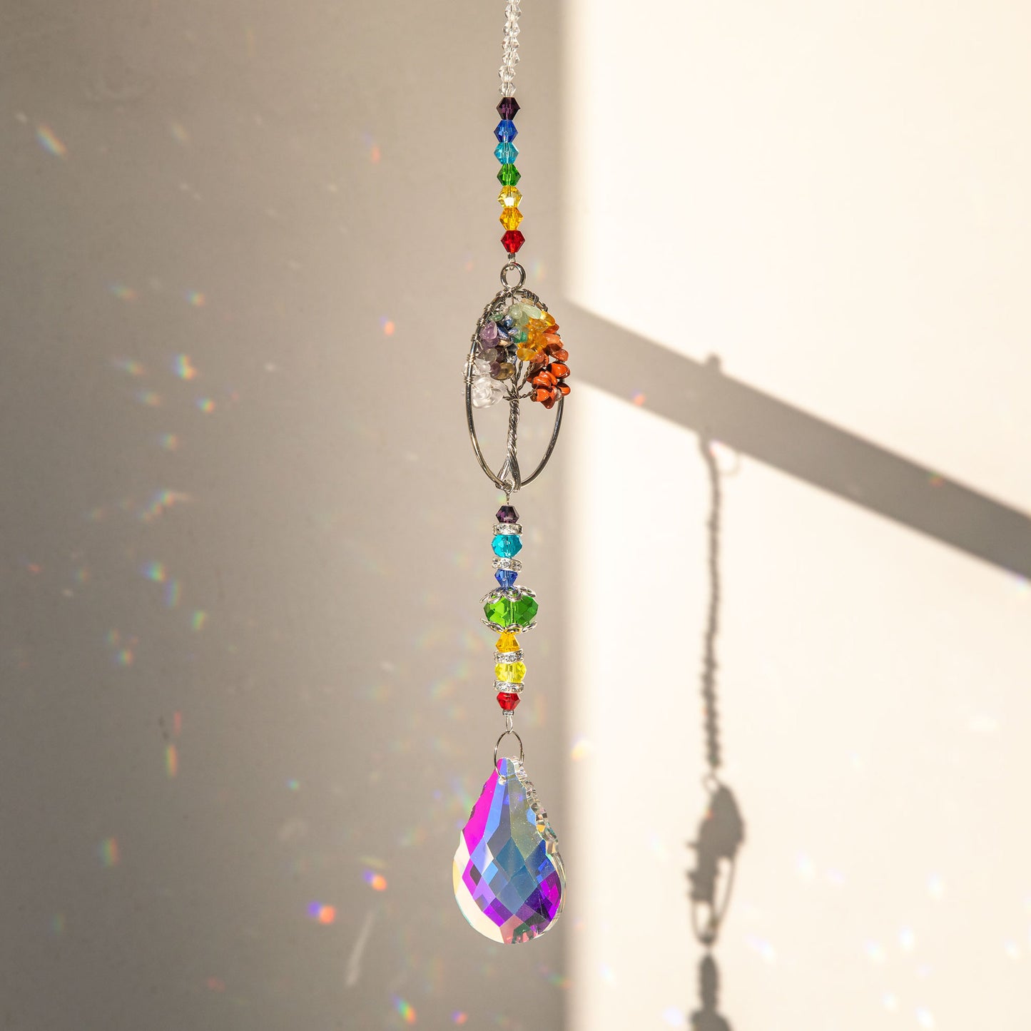 Crystals Wind Chime Suncatcher Golden Trees Pendant Rainbow Prism Stained Glass Ornament Chakras Crafts Home Garden Decor