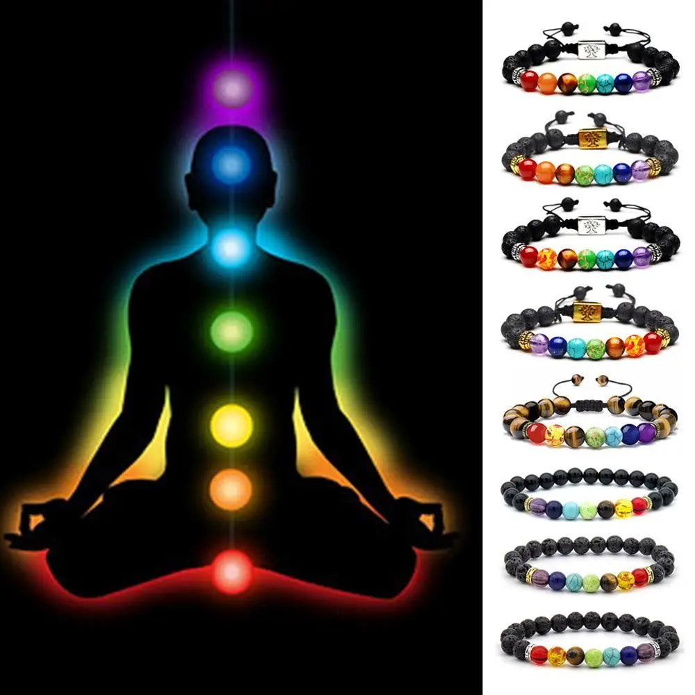 Colorful Stone Beaded Bracelet 7 Chakra Diffuser Bracelets Men Women Natural Lava Stone Crystal Healing Anxiety Jewelry Mandala