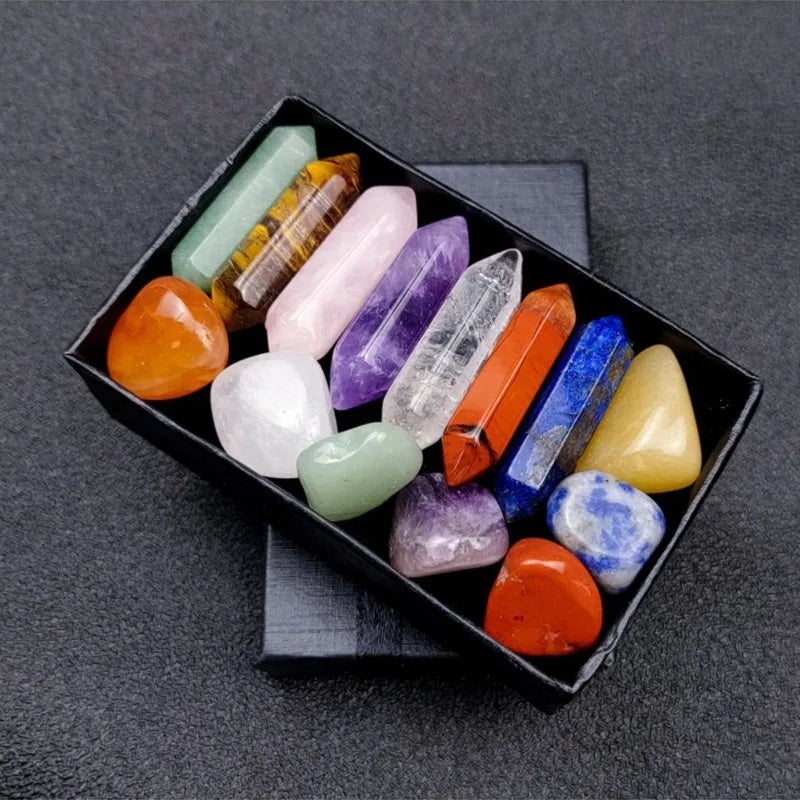 14-Pieces Chakra Healing Set – Pointed Quartz & Rose Quartz Hexagon Crystals for Meditation & Bedroom Decor