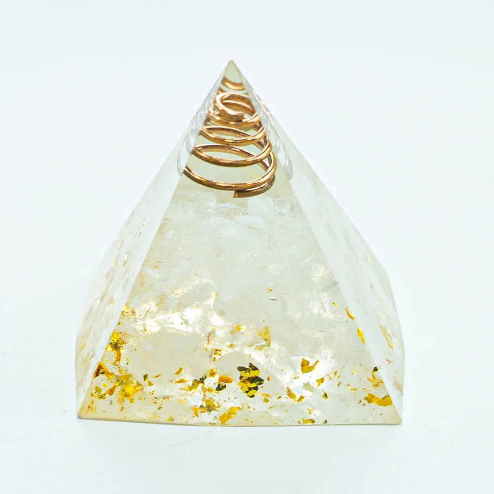 Amethyst & Quartz Crystal Energy Pyramid with Golden Beads – Reiki Chakra Healing Resin