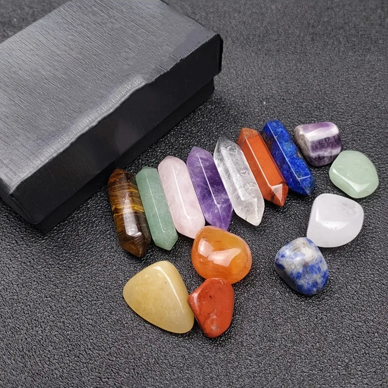 14-Pieces Chakra Healing Set – Pointed Quartz & Rose Quartz Hexagon Crystals for Meditation & Bedroom Decor