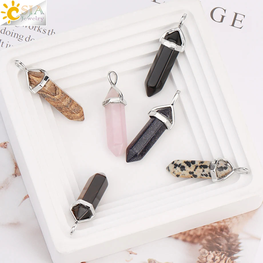 Hexagonal Crystal Stone Pendant Necklace – Natural Stainless Steel Jewelry