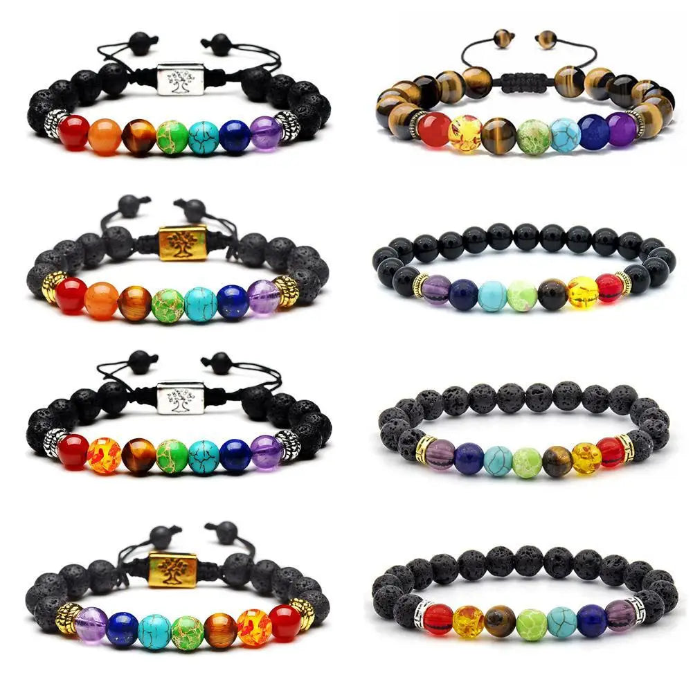 Colorful Stone Beaded Bracelet 7 Chakra Diffuser Bracelets Men Women Natural Lava Stone Crystal Healing Anxiety Jewelry Mandala