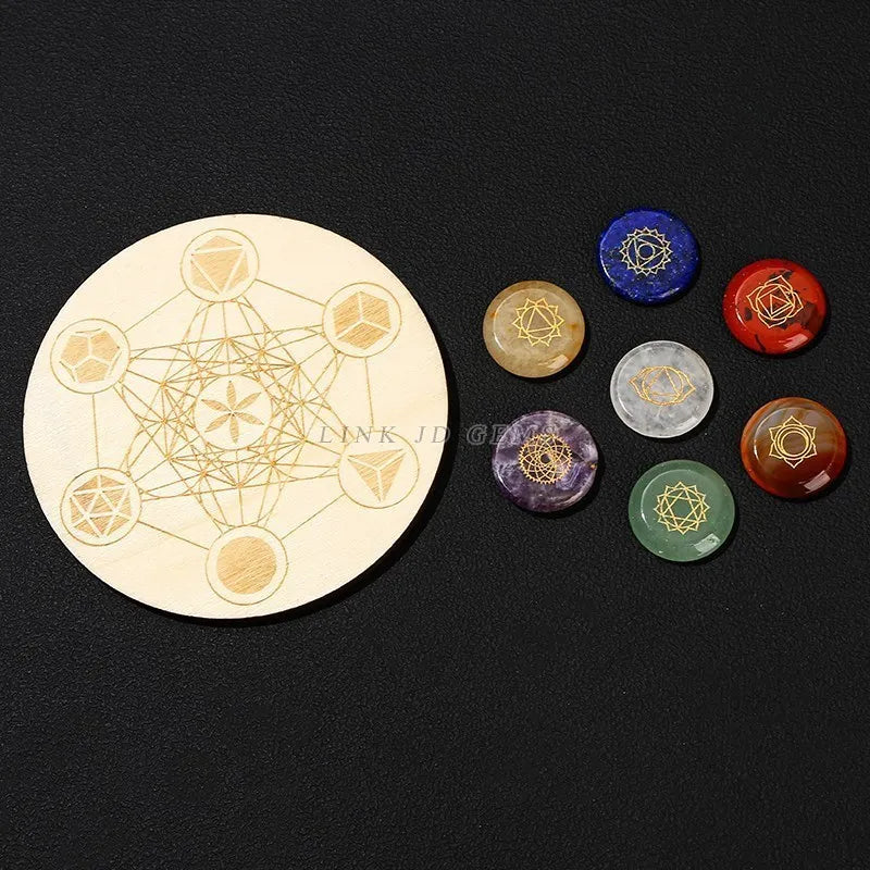 7 Chakra Healing Stone Set – Carved Reiki Symbol Crystals with Flat Round Beads and Seven Star Array Wood Plate for Meditation and Balancing