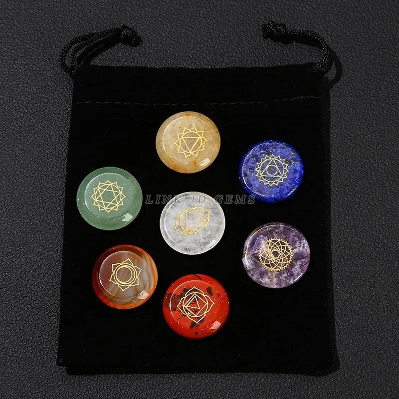 7 Chakra Healing Stone Set – Carved Reiki Symbol Crystals with Flat Round Beads and Seven Star Array Wood Plate for Meditation and Balancing