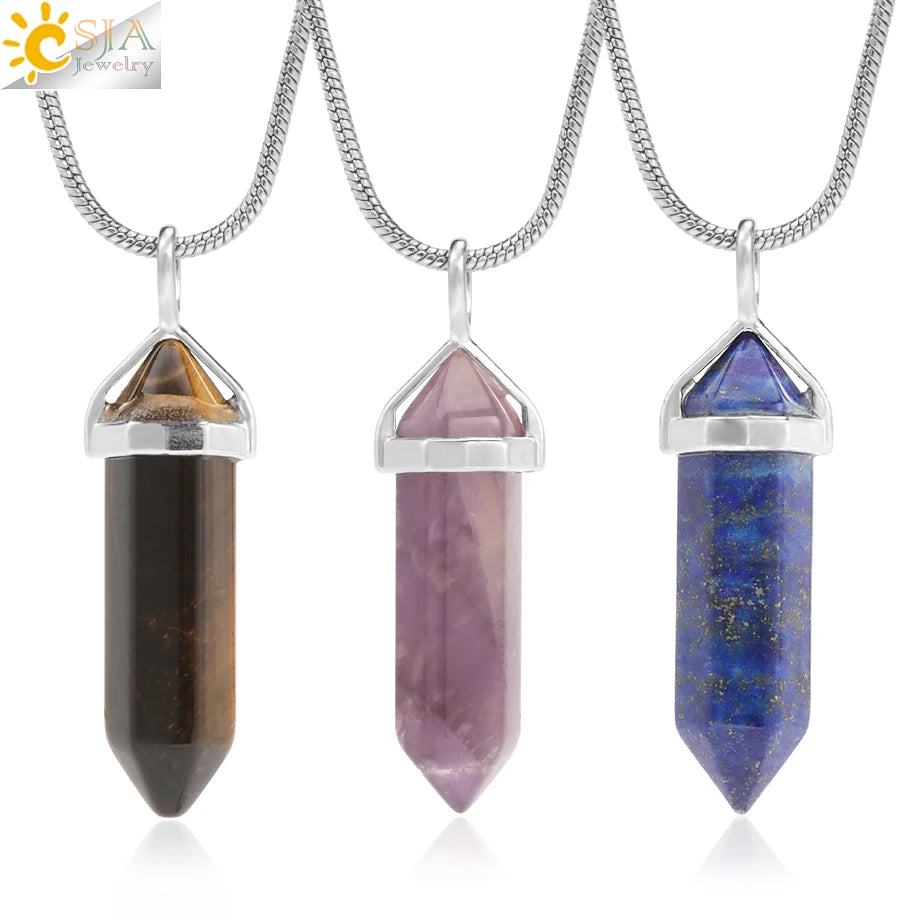 Hexagonal Crystal Stone Pendant Necklace – Natural Stainless Steel Jewelry