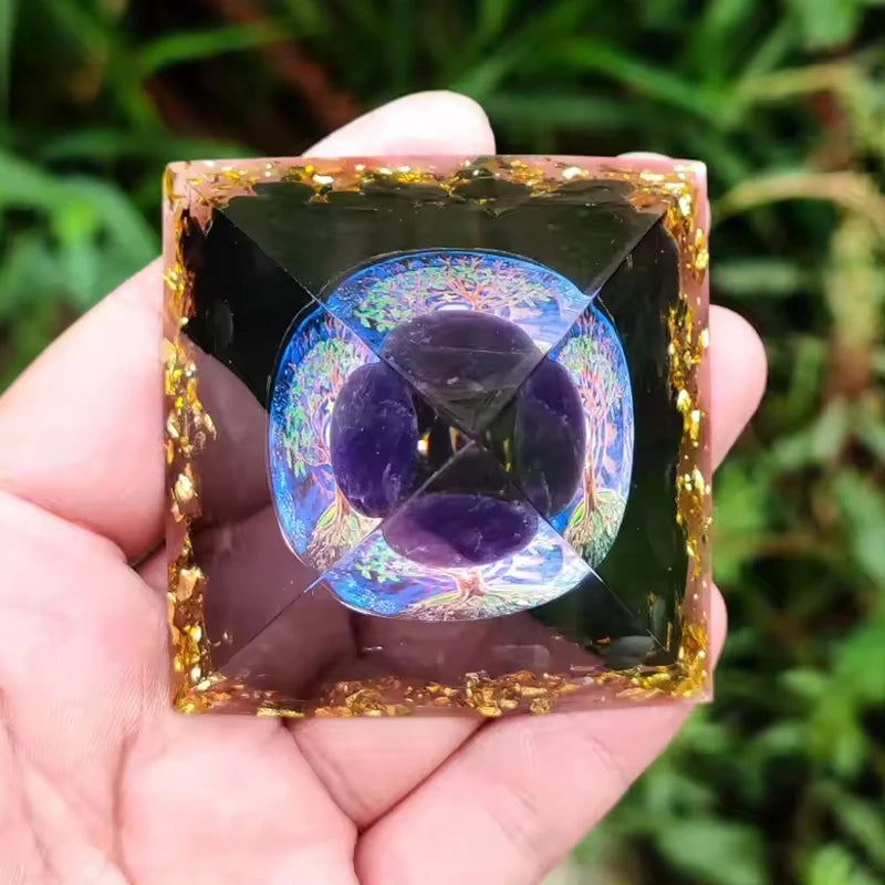 Handmade Orgonite Pyramid with Amethyst Crystal Sphere and Black Obsidian – Natural Stone Energy Healing