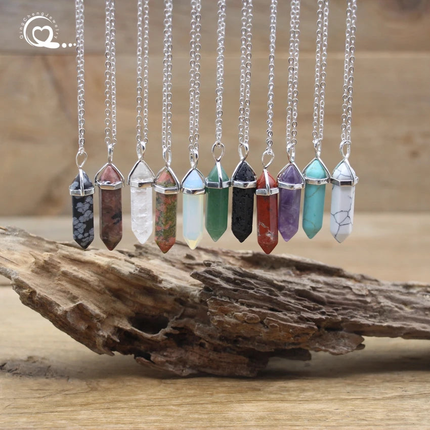 Natural Stone Hexagonal Point Pendant Necklace – Healing Quartz & Fluorite Chakra Jewelry