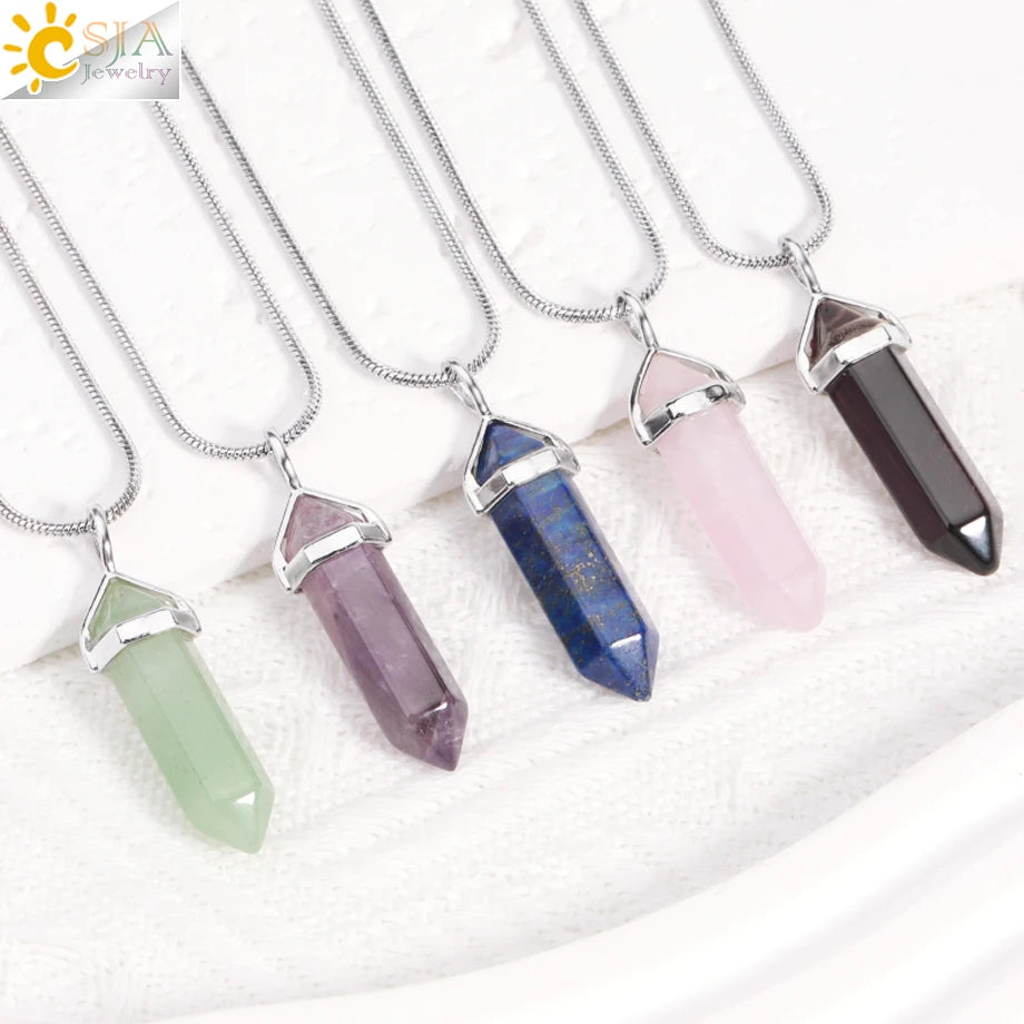 Hexagonal Crystal Stone Pendant Necklace – Natural Stainless Steel Jewelry