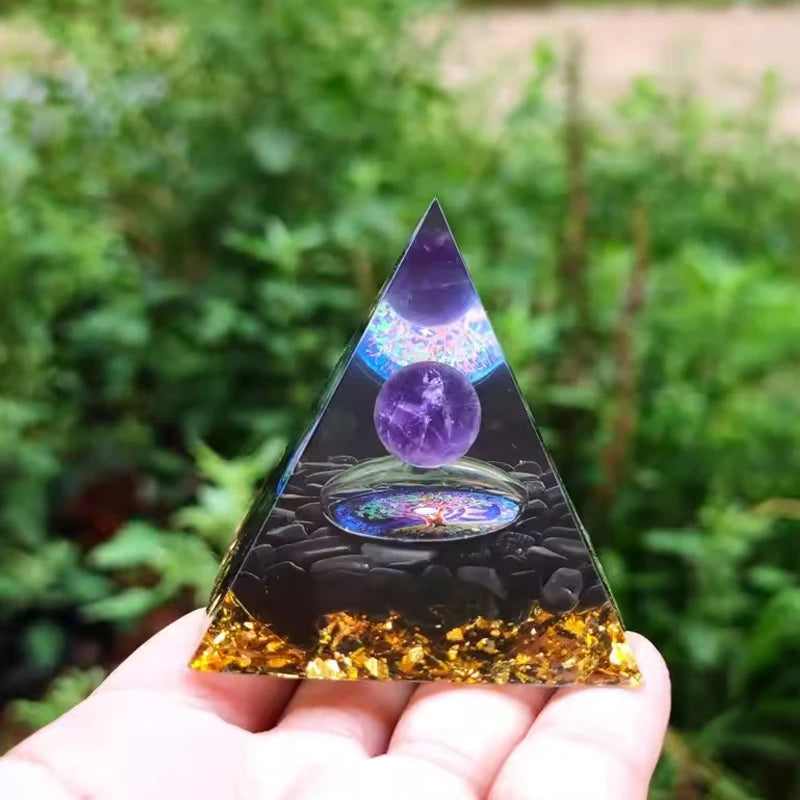 Handmade Orgonite Pyramid with Amethyst Crystal Sphere and Black Obsidian – Natural Stone Energy Healing