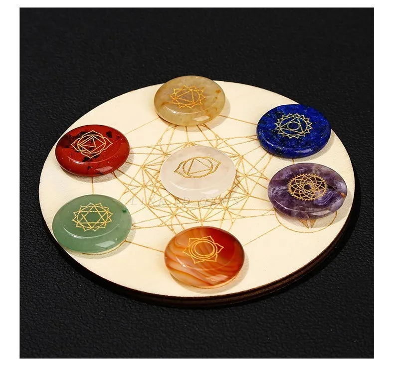 7 Chakra Healing Stone Set – Carved Reiki Symbol Crystals with Flat Round Beads and Seven Star Array Wood Plate for Meditation and Balancing