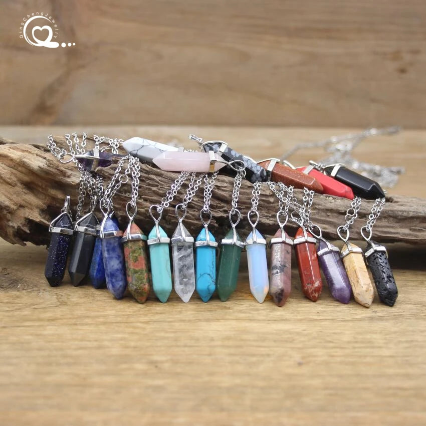 Natural Stone Hexagonal Point Pendant Necklace – Healing Quartz & Fluorite Chakra Jewelry