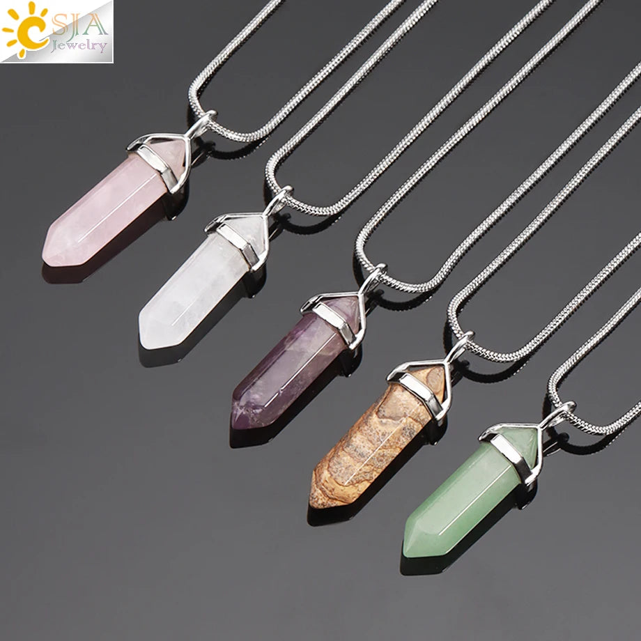 Hexagonal Crystal Stone Pendant Necklace – Natural Stainless Steel Jewelry