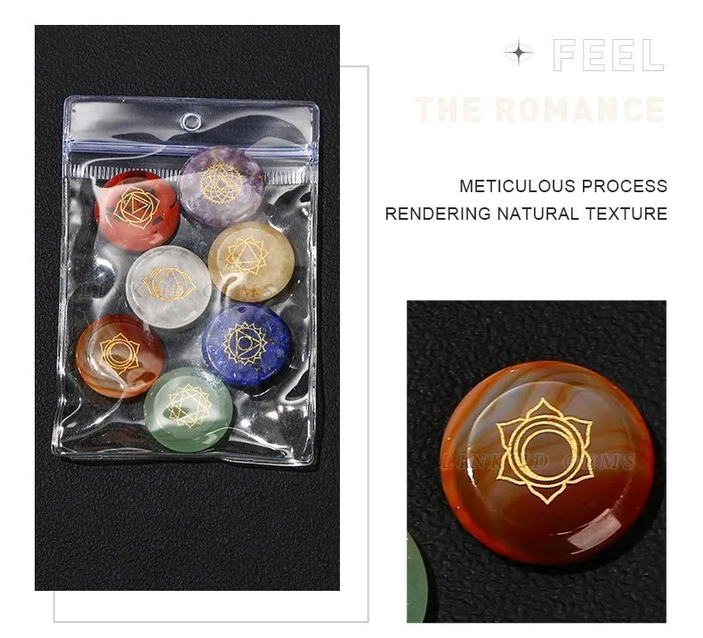 7 Chakra Healing Stone Set – Carved Reiki Symbol Crystals with Flat Round Beads and Seven Star Array Wood Plate for Meditation and Balancing