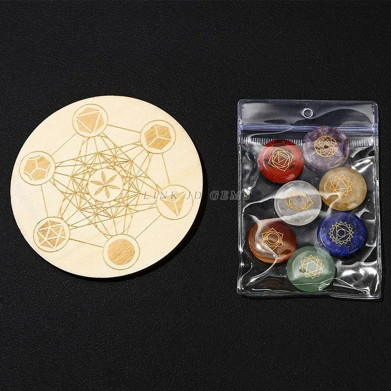 7 Chakra Healing Stone Set – Carved Reiki Symbol Crystals with Flat Round Beads and Seven Star Array Wood Plate for Meditation and Balancing