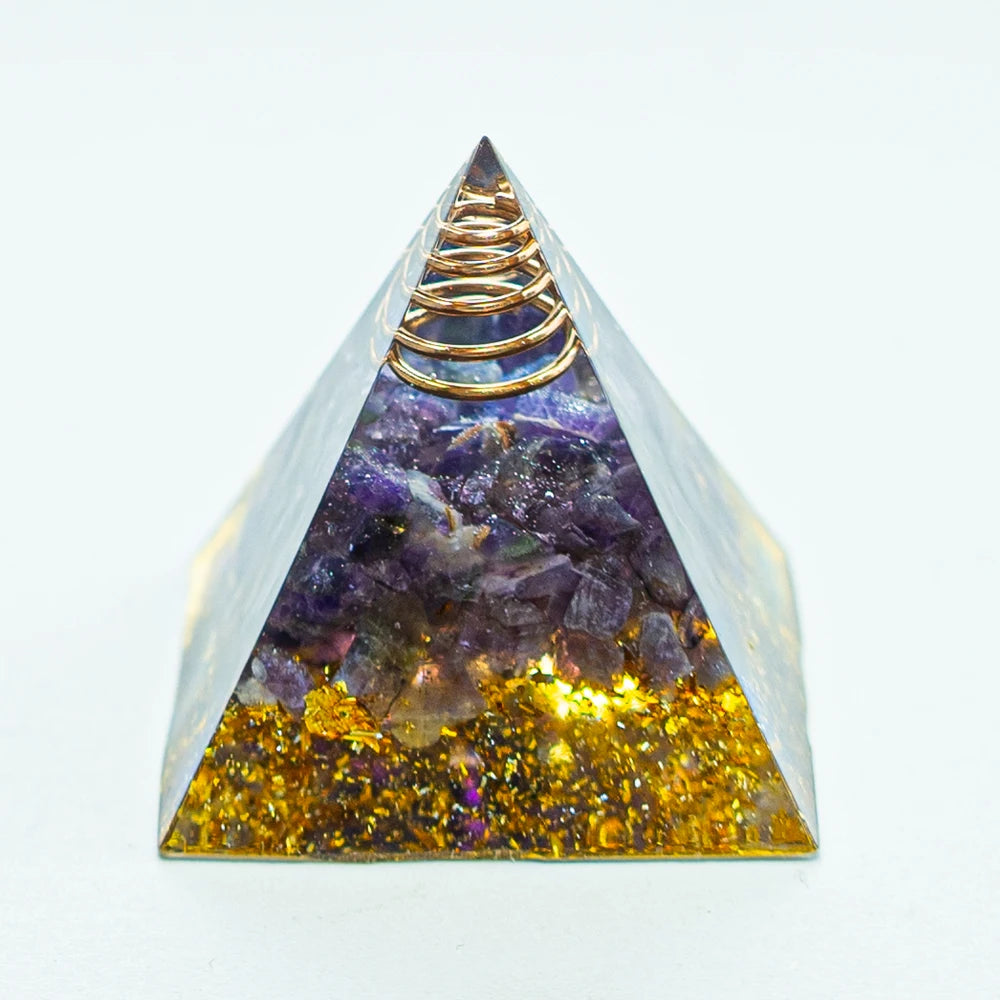 Amethyst & Quartz Crystal Energy Pyramid with Golden Beads – Reiki Chakra Healing Resin