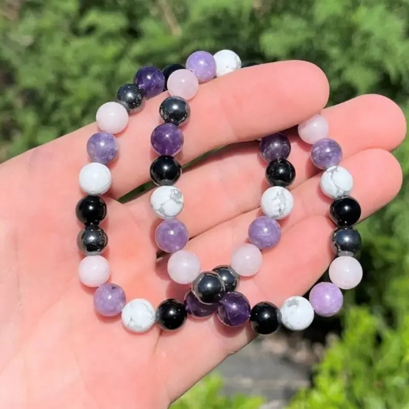 4 Styles Black Tourmaline Rose Quartz Lepidolite White Howlite Hematite Round Bead Bracelet For Stress Reduction, Crystal Gift