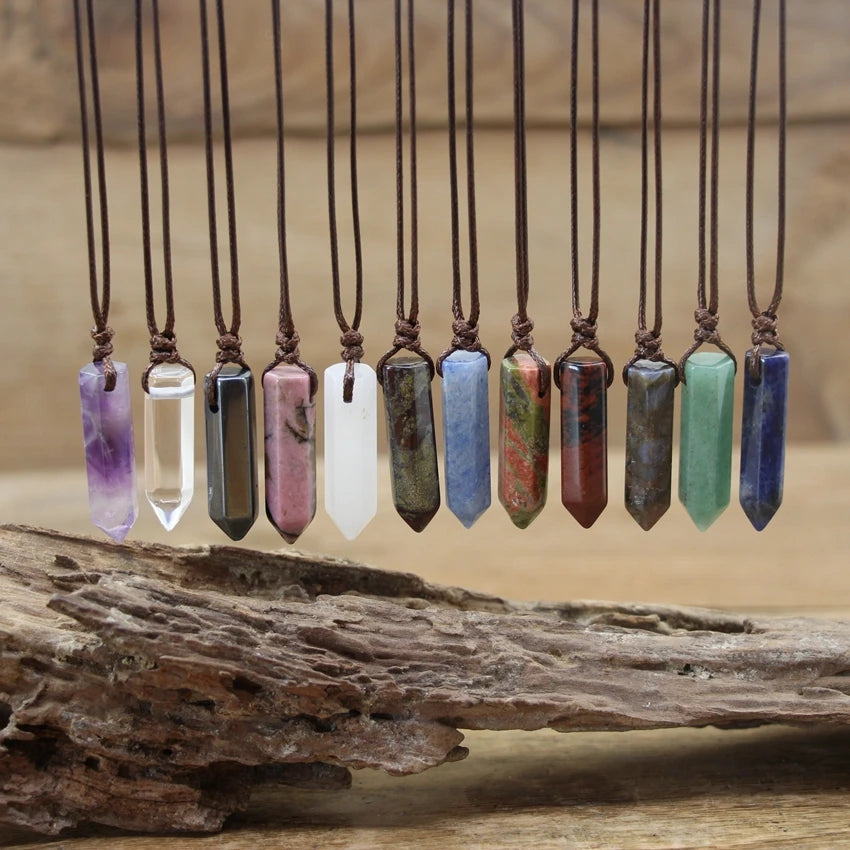 Natural Gemstone Hexagonal Point Pendant Necklace – Healing Crystal Quartz