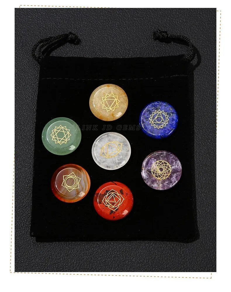 7 Chakra Healing Stone Set – Carved Reiki Symbol Crystals with Flat Round Beads and Seven Star Array Wood Plate for Meditation and Balancing