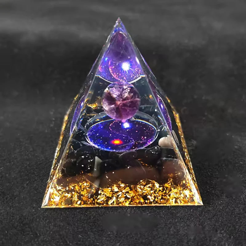 Handmade Orgonite Pyramid with Amethyst Crystal Sphere and Black Obsidian – Natural Stone Energy Healing