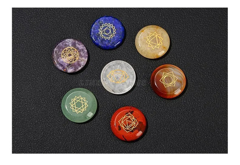 7 Chakra Healing Stone Set – Carved Reiki Symbol Crystals with Flat Round Beads and Seven Star Array Wood Plate for Meditation and Balancing