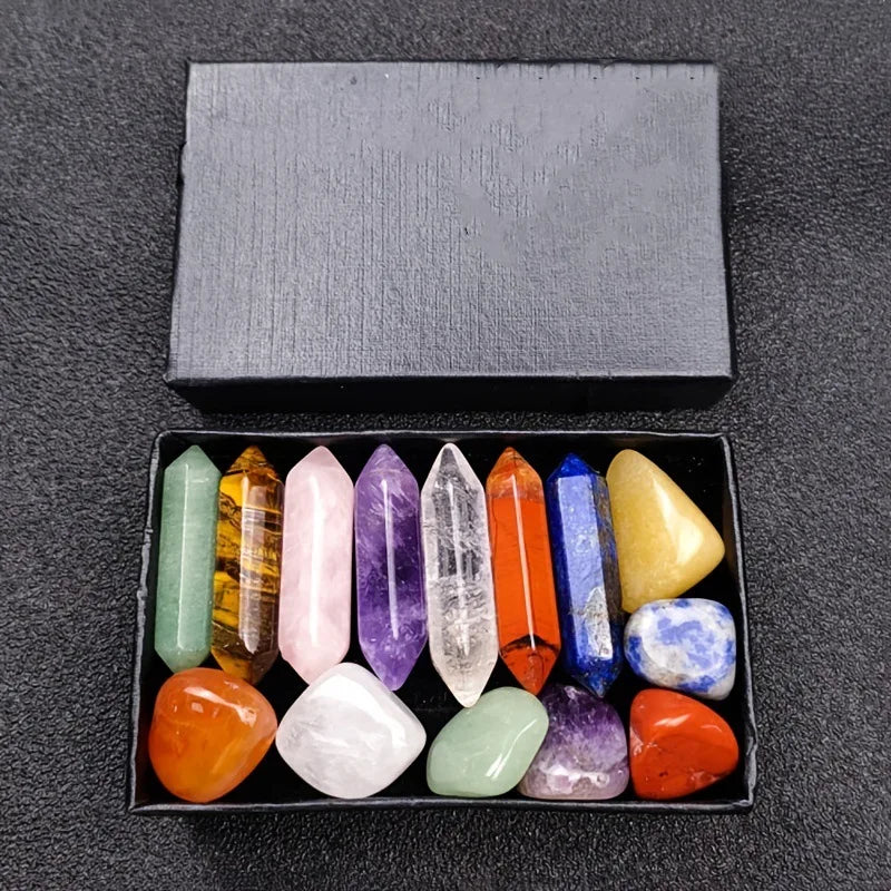 14-Pieces Chakra Healing Set – Pointed Quartz & Rose Quartz Hexagon Crystals for Meditation & Bedroom Decor