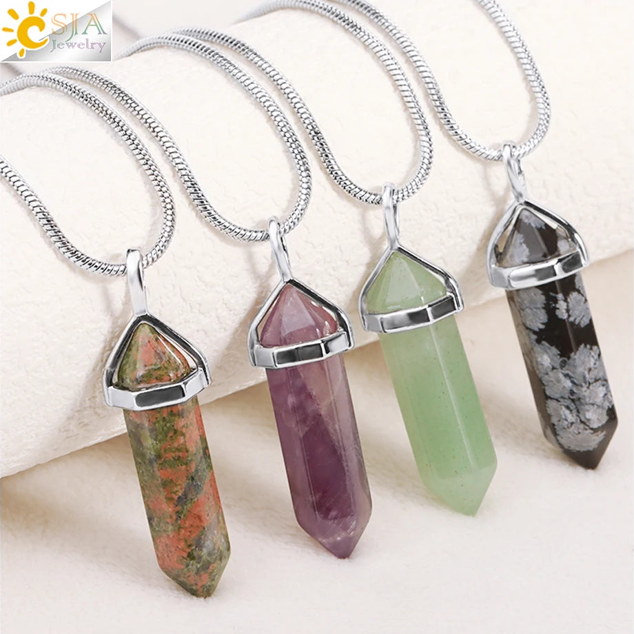 Hexagonal Crystal Stone Pendant Necklace – Natural Stainless Steel Jewelry