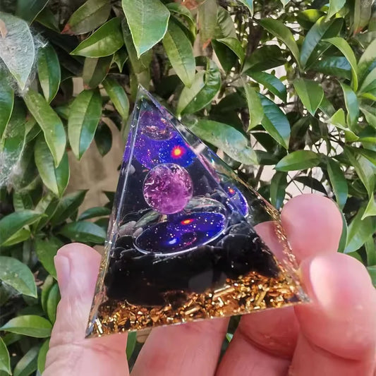 Handmade Orgonite Pyramid with Amethyst Crystal Sphere and Black Obsidian – Natural Stone Energy Healing