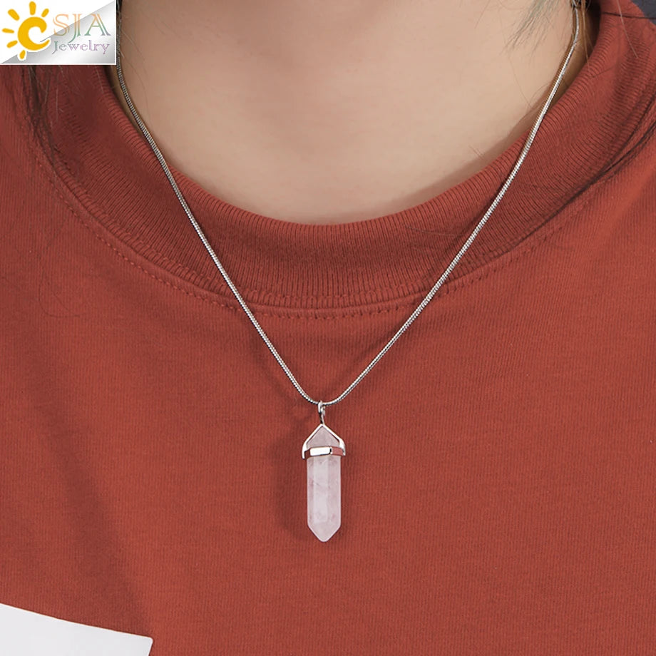 Hexagonal Crystal Stone Pendant Necklace – Natural Stainless Steel Jewelry