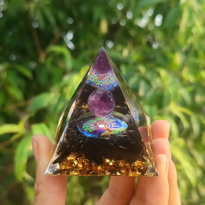 Handmade Orgonite Pyramid with Amethyst Crystal Sphere and Black Obsidian – Natural Stone Energy Healing