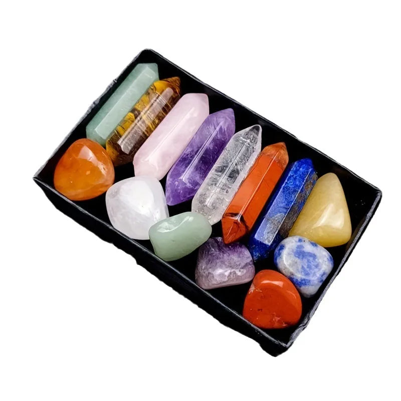 14-Pieces Chakra Healing Set – Pointed Quartz & Rose Quartz Hexagon Crystals for Meditation & Bedroom Decor