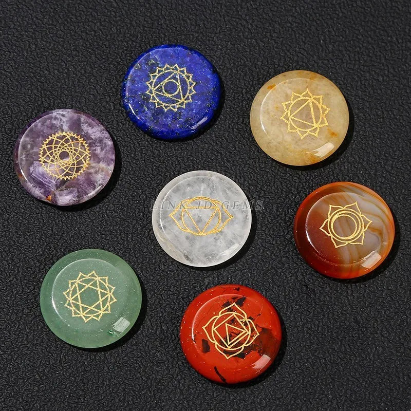 7 Chakra Healing Stone Set – Carved Reiki Symbol Crystals with Flat Round Beads and Seven Star Array Wood Plate for Meditation and Balancing