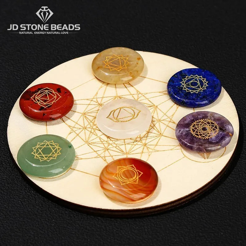 7 Chakra Healing Stone Set – Carved Reiki Symbol Crystals with Flat Round Beads and Seven Star Array Wood Plate for Meditation and Balancing