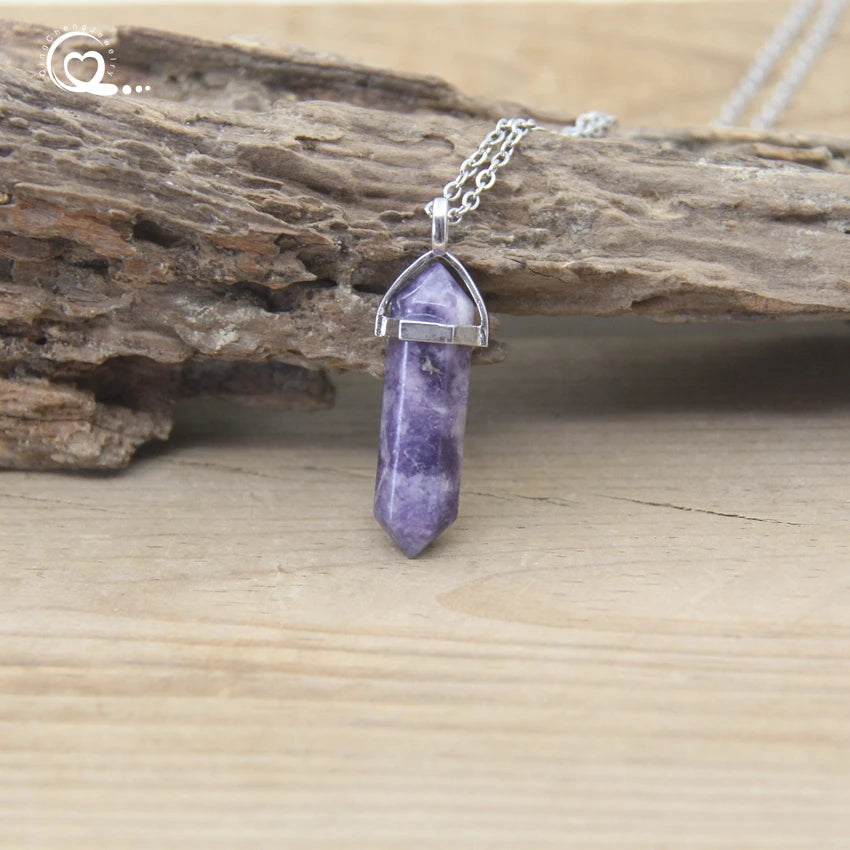 Natural Stone Hexagonal Point Pendant Necklace – Healing Quartz & Fluorite Chakra Jewelry