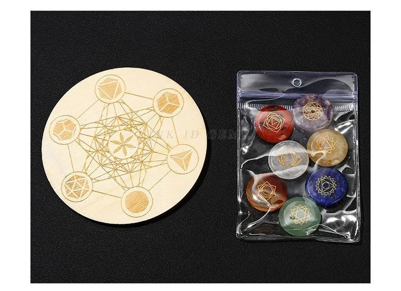 7 Chakra Healing Stone Set – Carved Reiki Symbol Crystals with Flat Round Beads and Seven Star Array Wood Plate for Meditation and Balancing