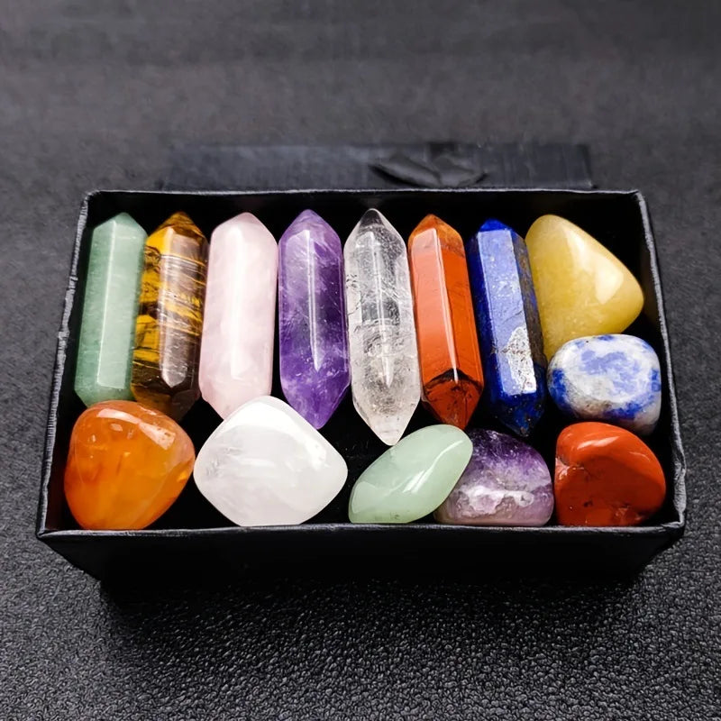 14-Pieces Chakra Healing Set – Pointed Quartz & Rose Quartz Hexagon Crystals for Meditation & Bedroom Decor